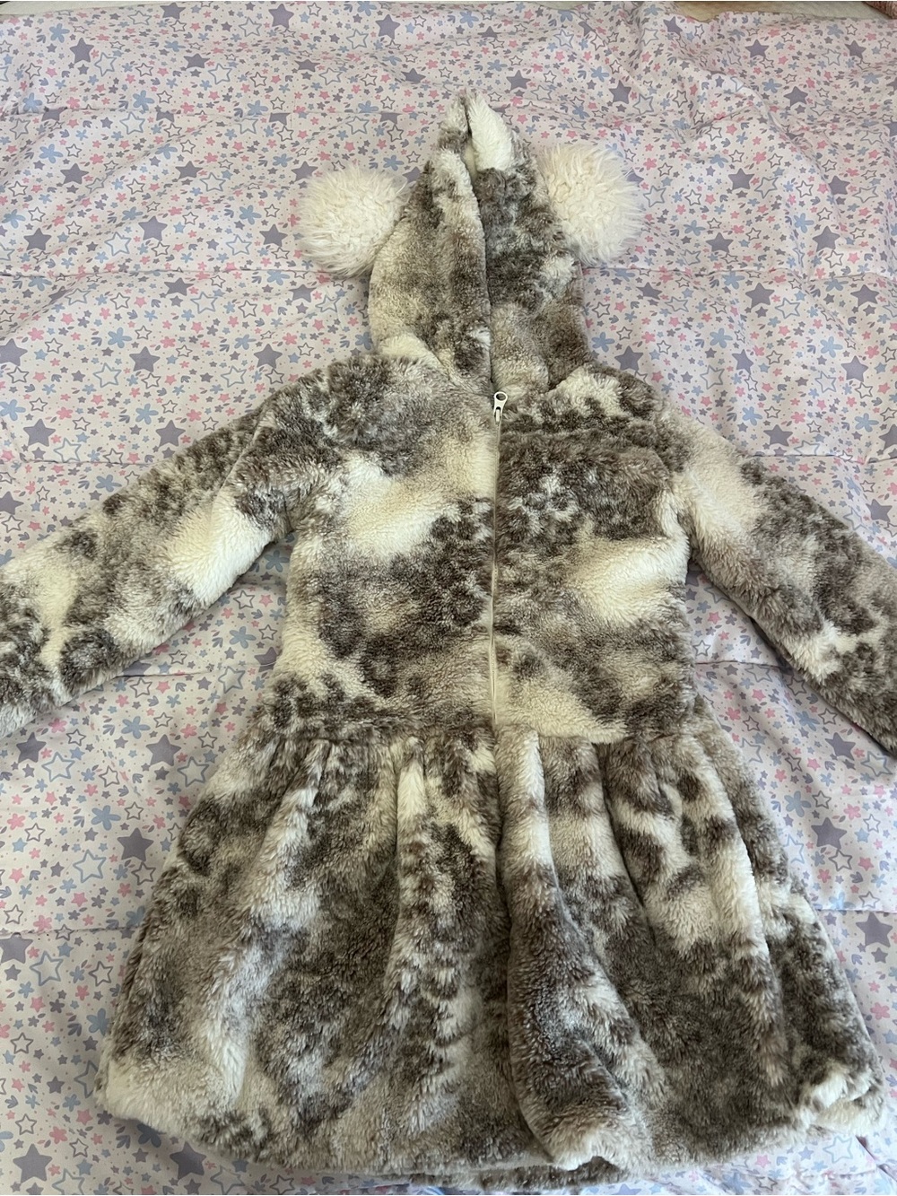 Faux Fur Hooded Girls Coat with Pom Ears - Cream & Brown American Widgeon